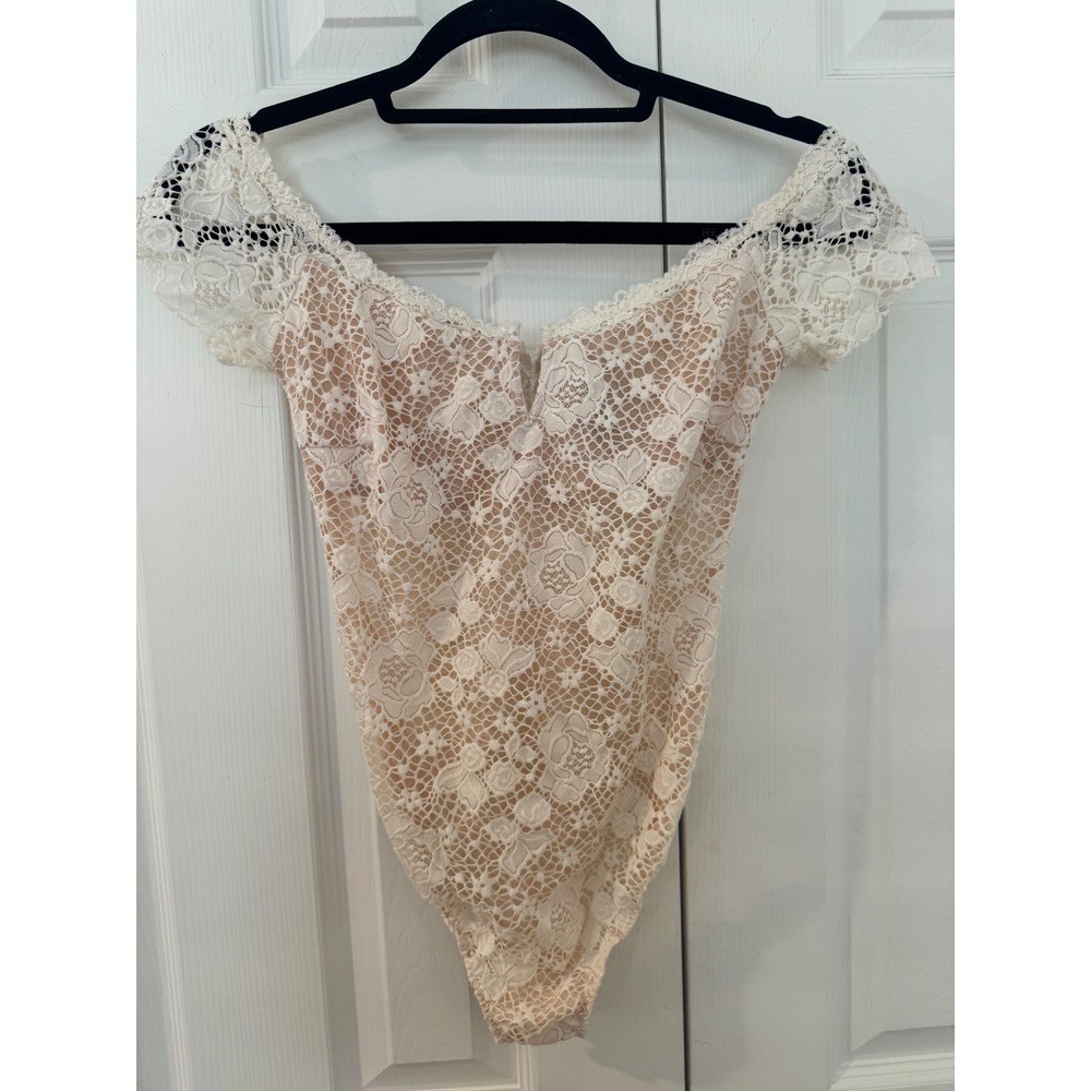 Victorias Secret White Floral Lace Off Shoulder Bodysuit V-Notch Nude Lining S